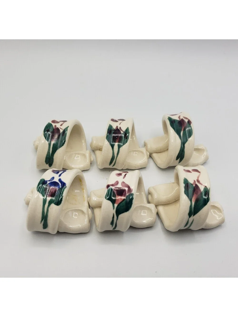 Art Pottery Napkin Rings Set of 6 White Purple Flower Hand Made Artisan